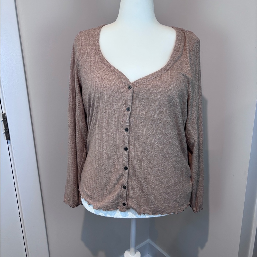 Old Navy Button Front Ribbed Knit Top XXL Light Brown Long Sleeve